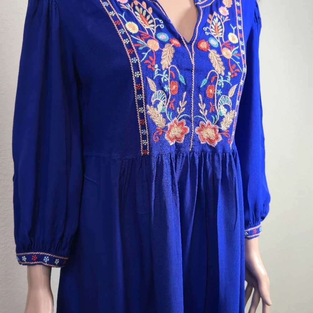 Solitaire Royal Blue Embroidered Bohemian Peasant Dress With Pockets Size Large - Picture 11 of 13